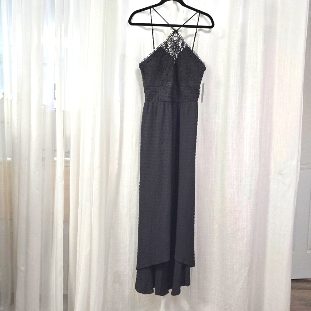 NWT Derek Heart Black Maxi Long Halter Dress Size XL Lace Detail‎ Stretchy